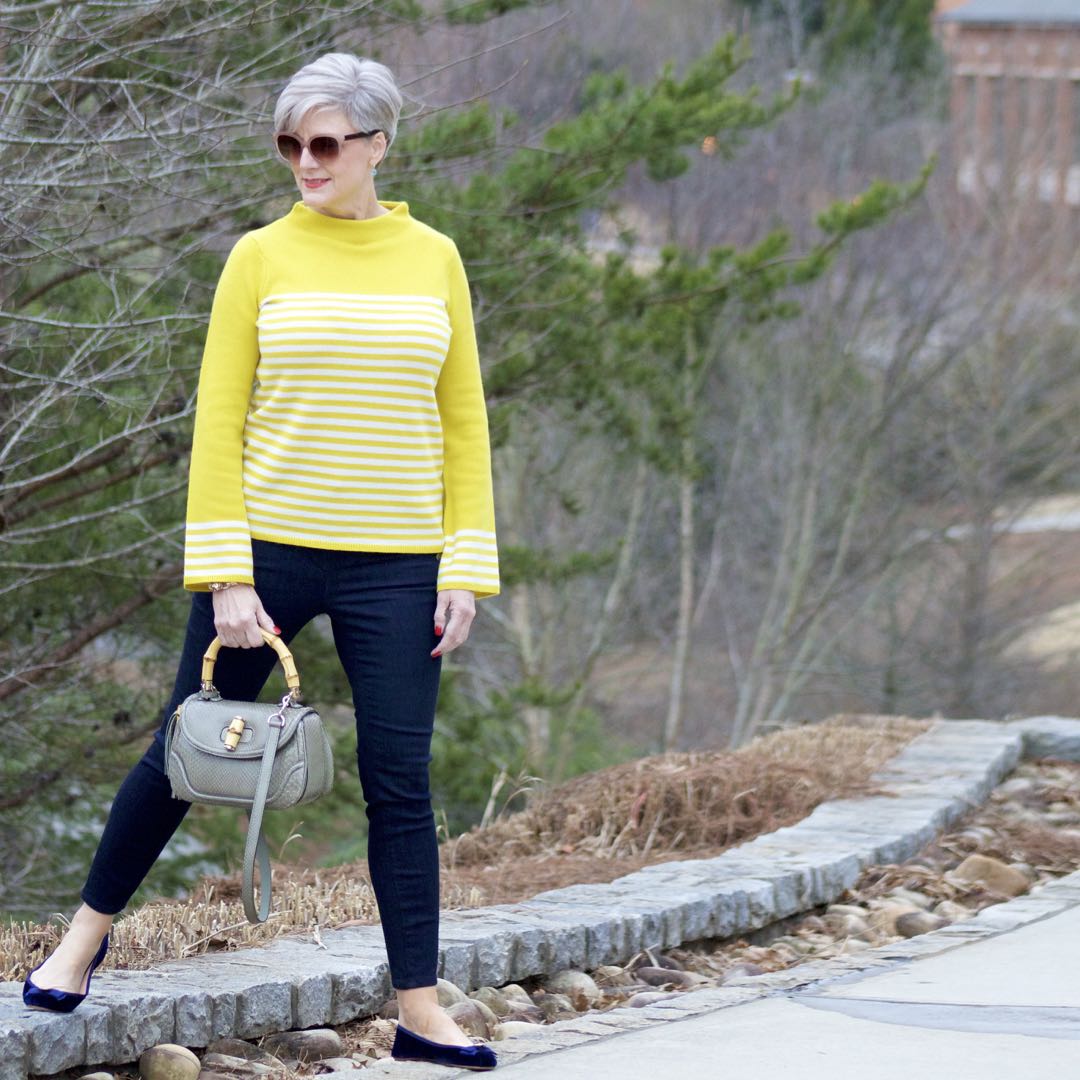 boden yellow stripe sweater, ann taylor sailor denim, kate spade velvet flats, gucci handbag