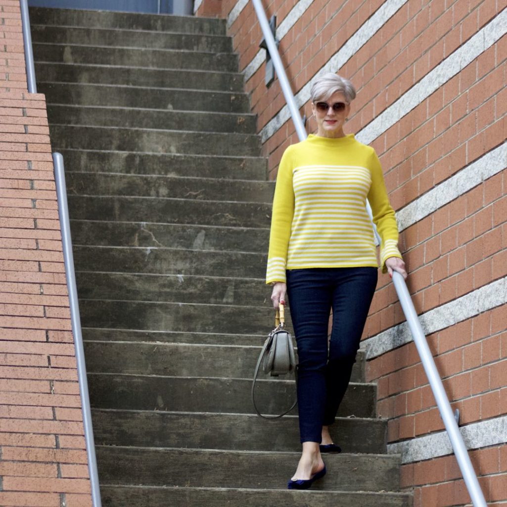 boden yellow stripe sweater, ann taylor sailor denim, kate spade velvet flats, gucci handbag