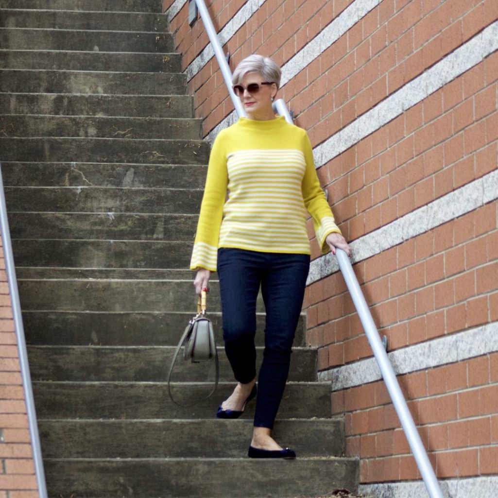 boden yellow stripe sweater, ann taylor sailor denim, kate spade velvet flats, gucci handbag