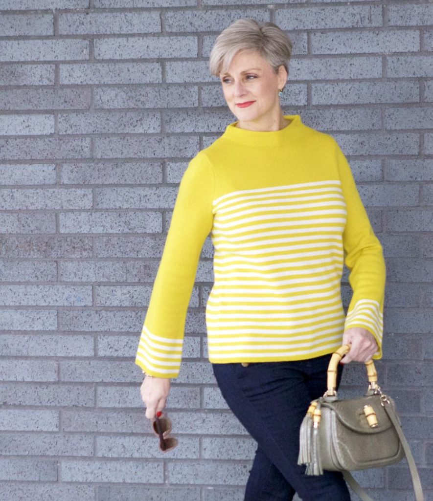 boden yellow stripe sweater, ann taylor sailor denim, kate spade velvet flats, gucci handbag