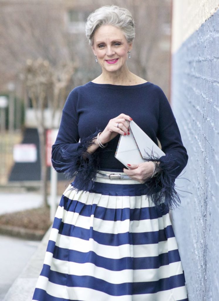j.crew feather sleeve crewneck sweater, j.crew pleated satin stripe skirt, nine west suede pumps, rebecca minkoff leo envelope clutch