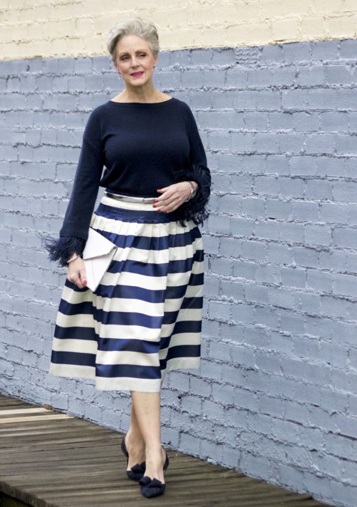j.crew feather sleeve crewneck sweater, j.crew pleated satin stripe skirt, nine west suede pumps, rebecca minkoff leo envelope clutch