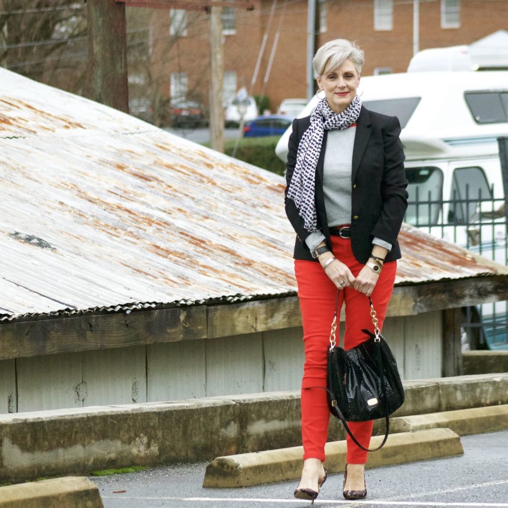 boden red jeans, j.crew black blazer, boden allie tee, michael kors handbag