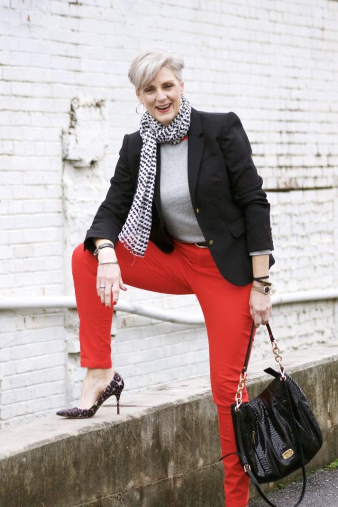 boden red jeans, j.crew black blazer, boden allie tee, michael kors handbag