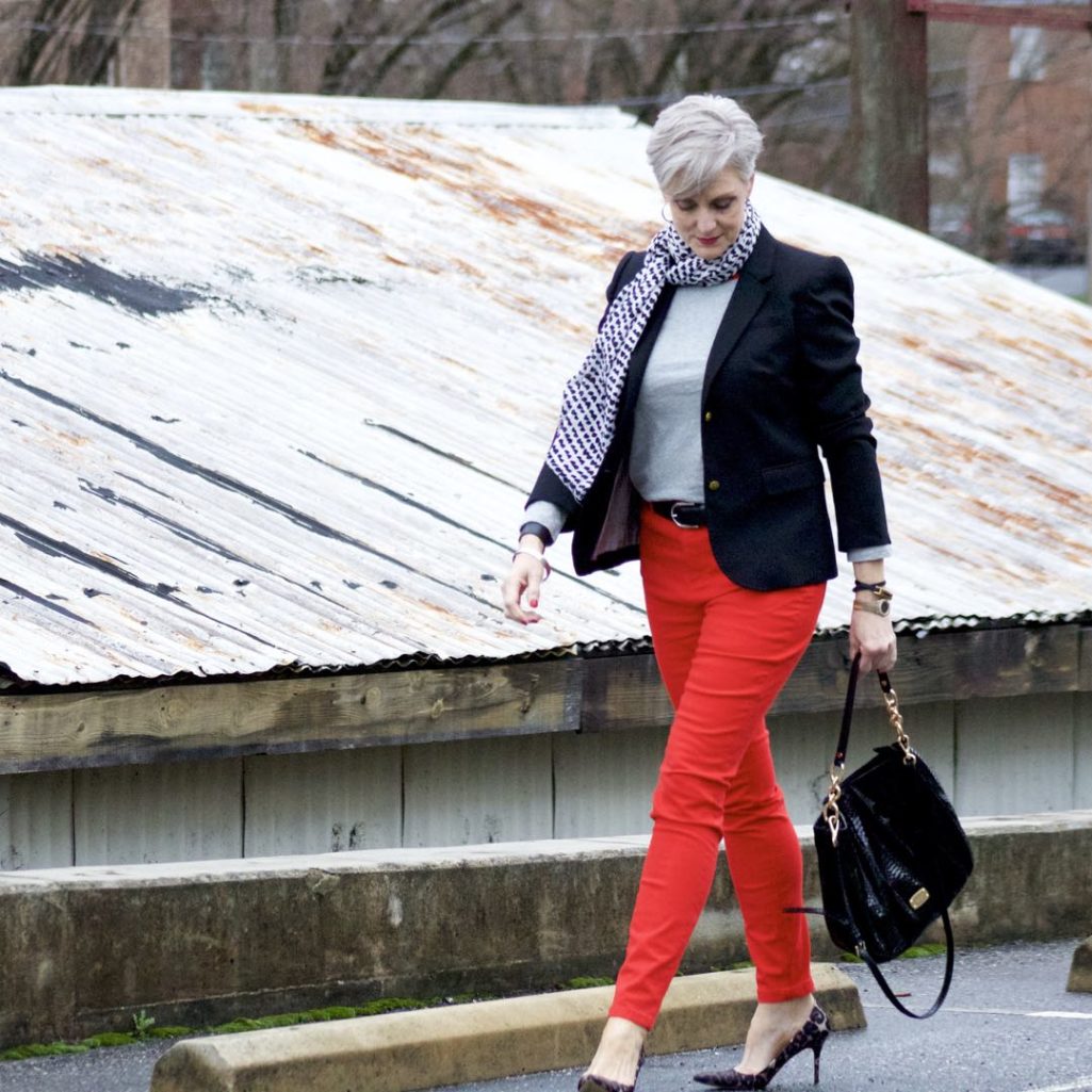 boden red jeans, j.crew black blazer, boden allie tee, michael kors handbag