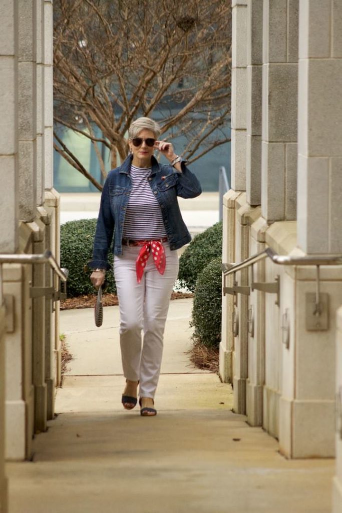 ann taylor white denim, urban outfitters stripe tee, old navy denim jacket, talbots scarf and clutch, target block heel sandals