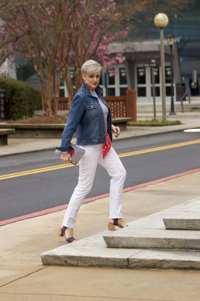 ann taylor white denim, urban outfitters stripe tee, old navy denim jacket, talbots scarf and clutch, target block heel sandals