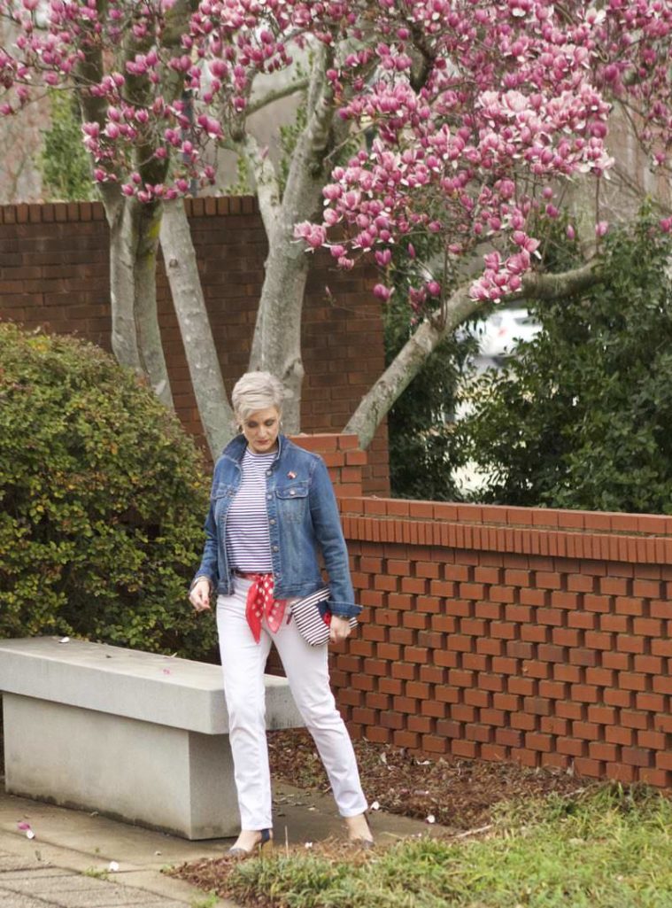 ann taylor white denim, urban outfitters stripe tee, old navy denim jacket, talbots scarf and clutch, target block heel sandals