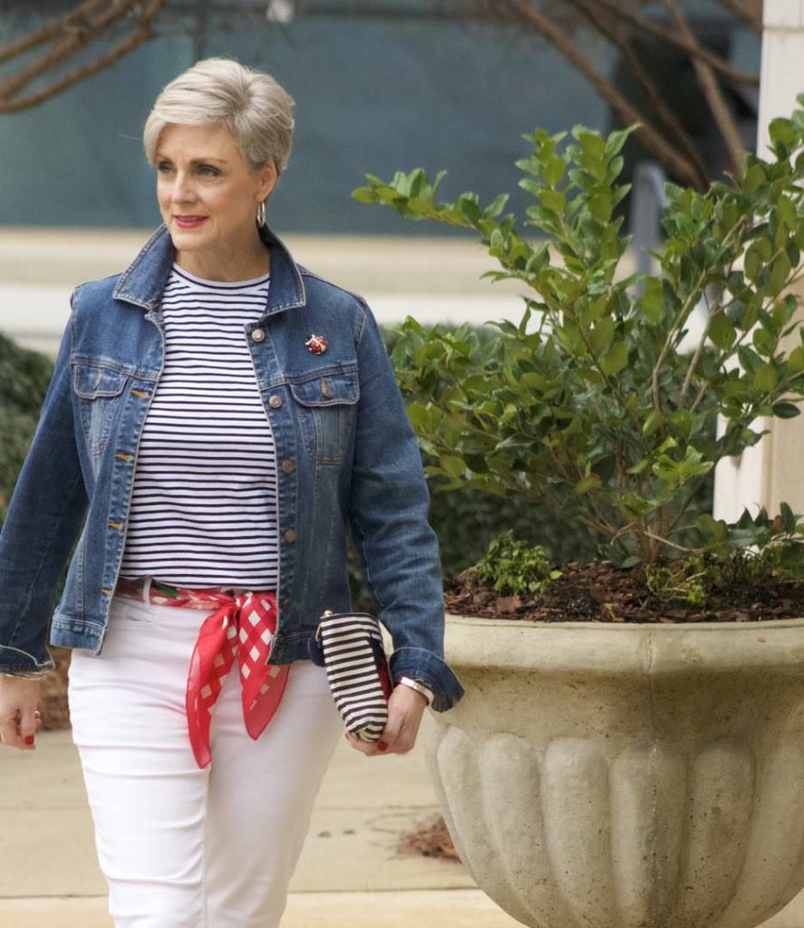 ann taylor white denim, urban outfitters stripe tee, old navy denim jacket, talbots scarf and clutch, target block heel sandals