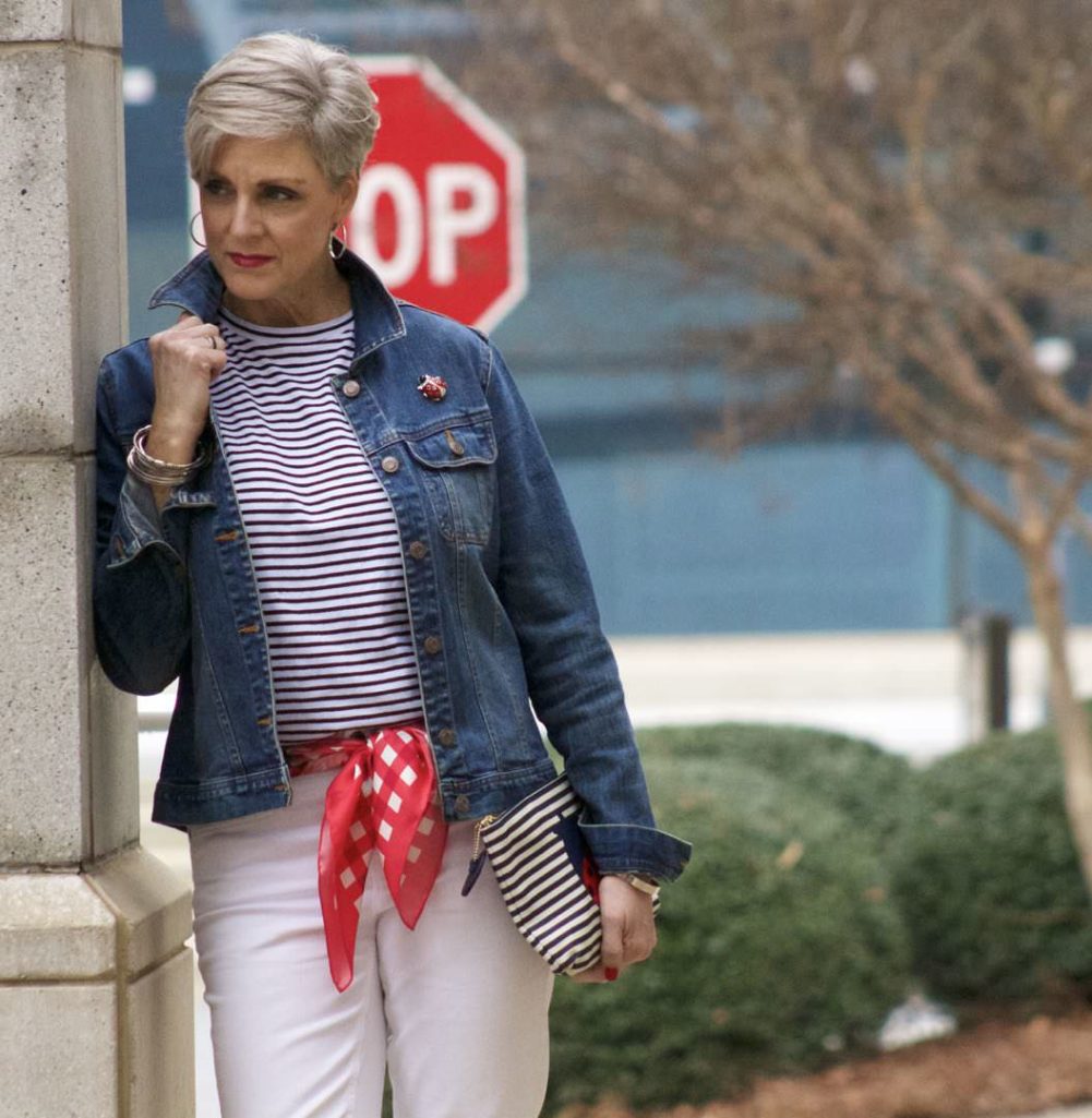 ann taylor white denim, urban outfitters stripe tee, old navy denim jacket, talbots scarf and clutch, target block heel sandals
