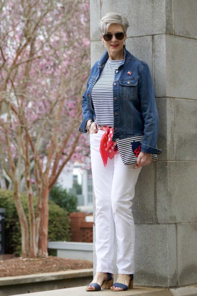 ann taylor white denim, urban outfitters stripe tee, old navy denim jacket, talbots scarf and clutch, target block heel sandals