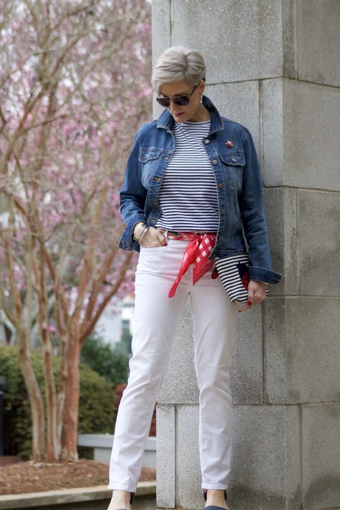 ann taylor white denim, urban outfitters stripe tee, old navy denim jacket, talbots scarf and clutch, target block heel sandals