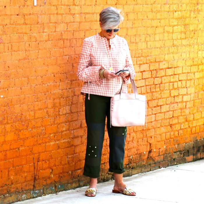 j.crew gingham blouse, j.crew patchwork chinos, kate spade sandals, talbots sunglasses