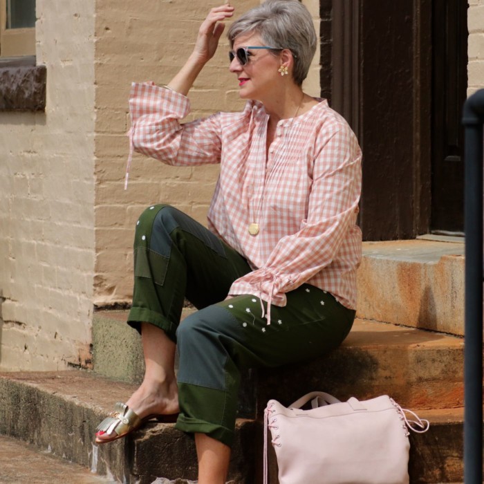 j.crew gingham blouse, j.crew patchwork chinos, kate spade sandals, talbots sunglasses