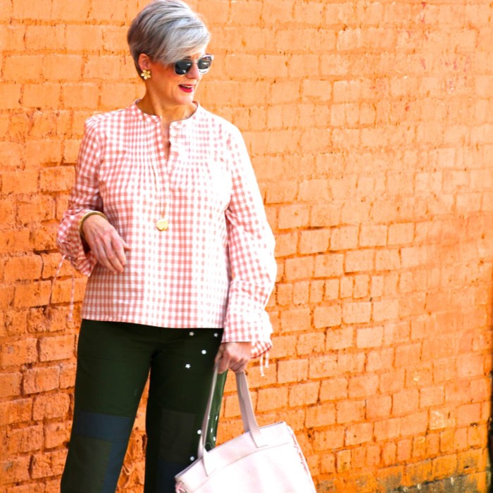 j.crew gingham blouse, j.crew patchwork chinos, kate spade sandals, talbots sunglasses