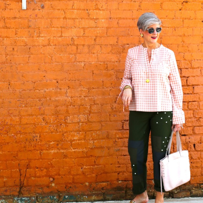 j.crew gingham blouse, j.crew patchwork chinos, kate spade sandals, talbots sunglasses