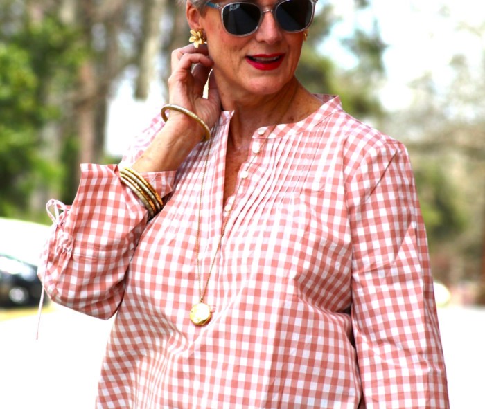 j.crew gingham blouse, j.crew patchwork chinos, kate spade sandals, talbots sunglasses