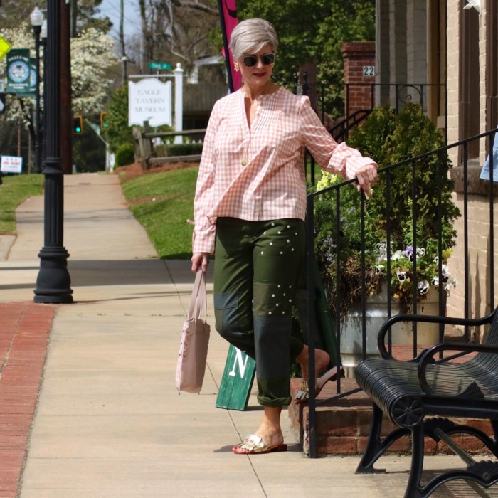 j.crew gingham blouse, j.crew patchwork chinos, kate spade sandals, talbots sunglasses