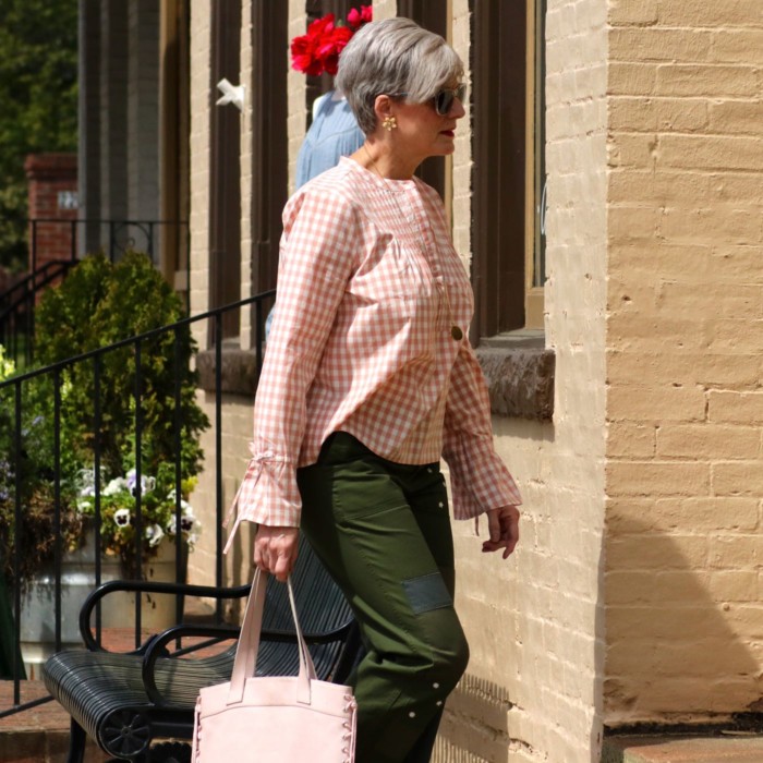 j.crew gingham blouse, j.crew patchwork chinos, kate spade sandals, talbots sunglasses
