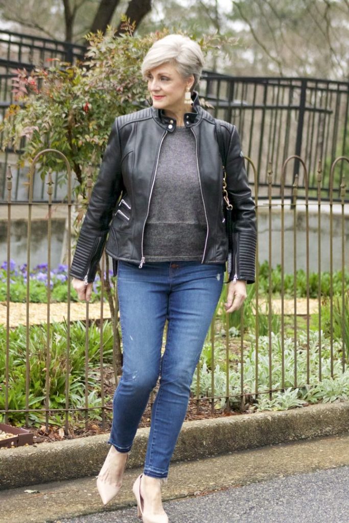 madewell button front denim, madewell top, vince camuto leather moto jacket, zara nude pumps, michael kors hobo handbag