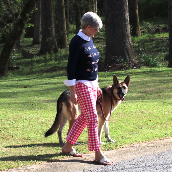 boden gingham pants, talbots embroidered sweater, talbots white shirt, jack rogers sandals