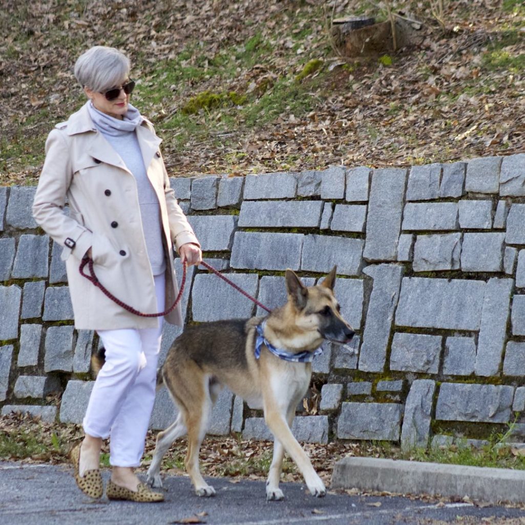 trench coat, talbots white boyfriend jeans, athleta sweatshirt, leopard calf hair flats
