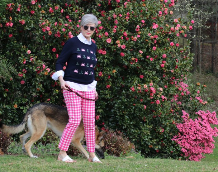 boden gingham pants, talbots embroidered sweater, talbots white shirt, jack rogers sandals