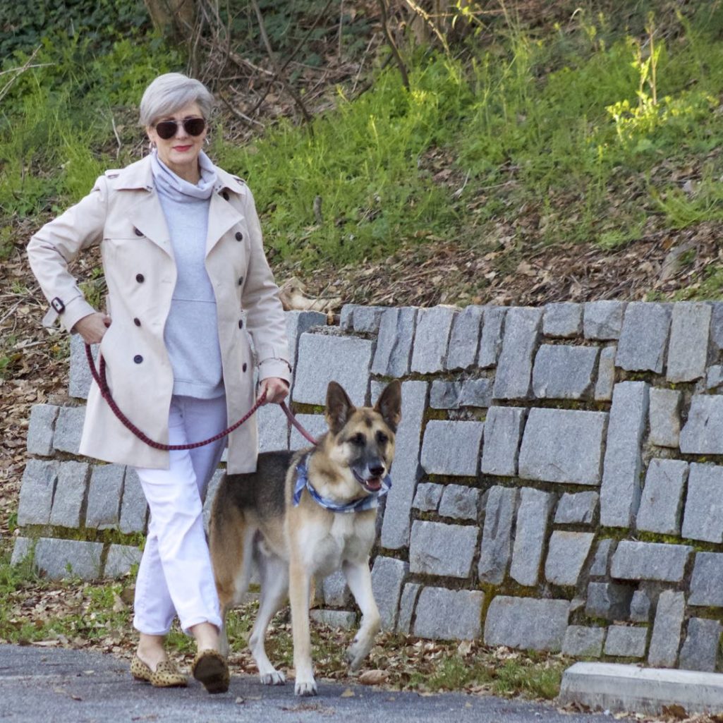 trench coat, talbots white boyfriend jeans, athleta sweatshirt, leopard calf hair flats