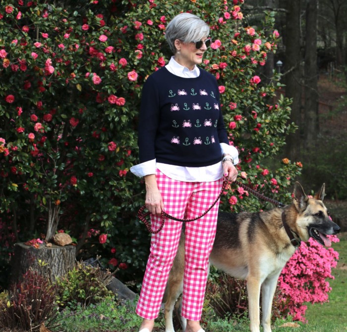 boden gingham pants, talbots embroidered sweater, talbots white shirt, jack rogers sandals