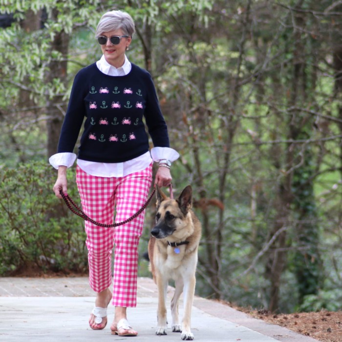 boden gingham pants, talbots embroidered sweater, talbots white shirt, jack rogers sandals