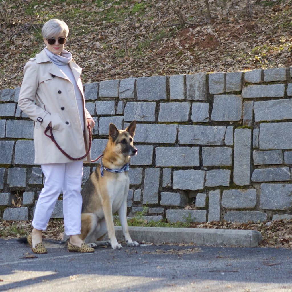 trench coat, talbots white boyfriend jeans, athleta sweatshirt, leopard calf hair flats