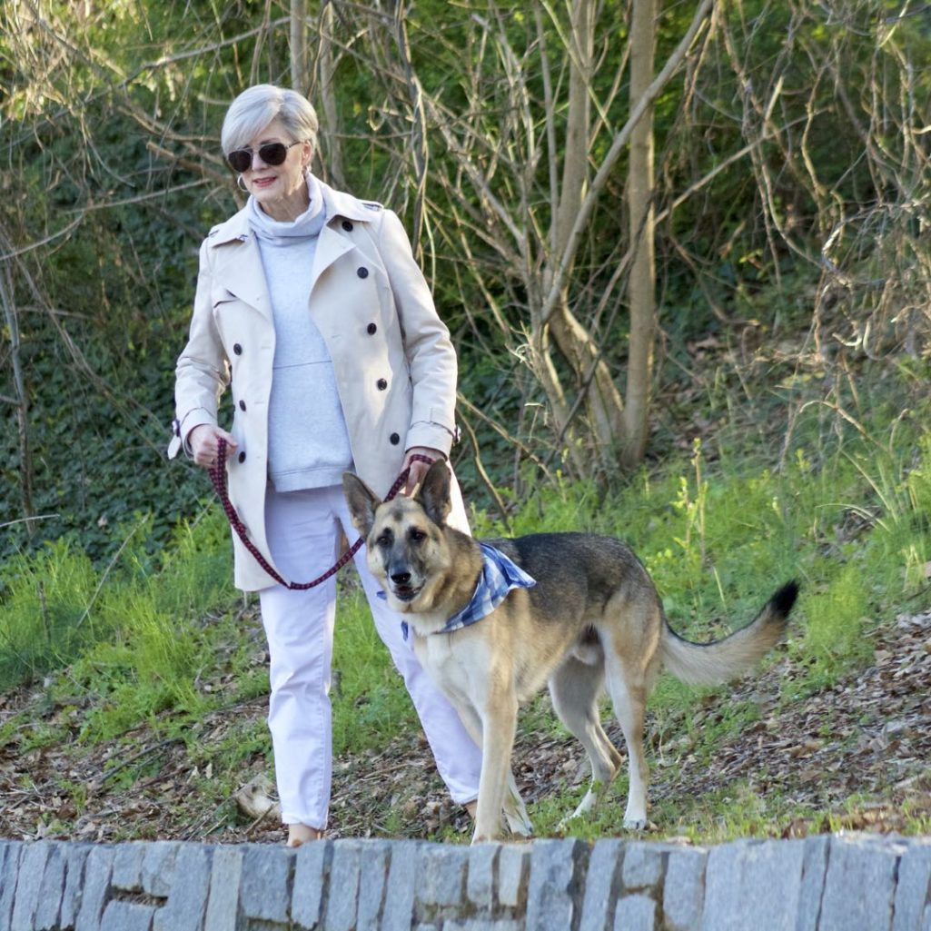 trench coat, talbots white boyfriend jeans, athleta sweatshirt, leopard calf hair flats