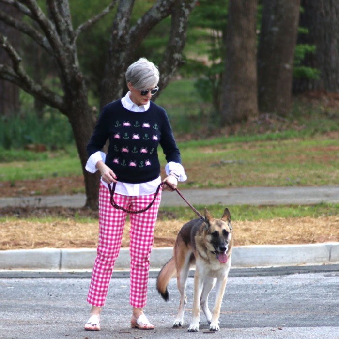 boden gingham pants, talbots embroidered sweater, talbots white shirt, jack rogers sandals