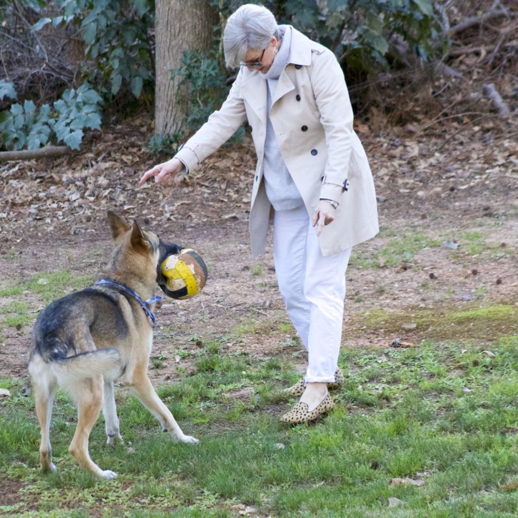 trench coat, talbots white boyfriend jeans, athleta sweatshirt, leopard calf hair flats