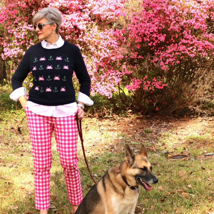 boden gingham pants, talbots embroidered sweater, talbots white shirt, jack rogers sandals