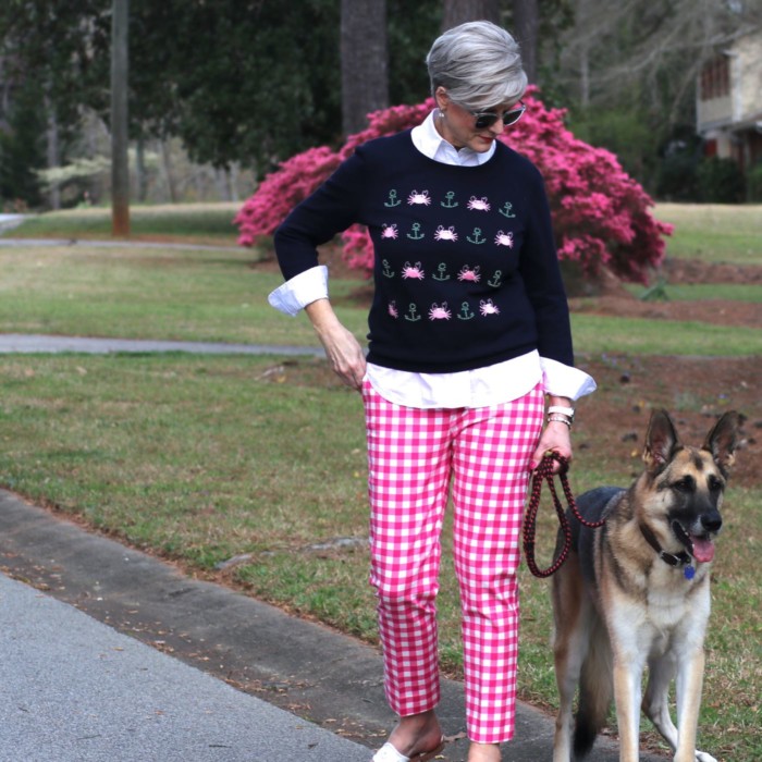 boden gingham pants, talbots embroidered sweater, talbots white shirt, jack rogers sandals