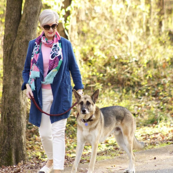 anthropologie waterfall jean jacket, talbots pink side tie sweater, everlane ecru denim, tory burch espadrilles, talbots pattern scarf