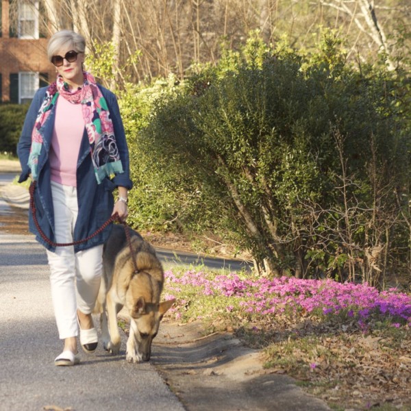 anthropologie waterfall jean jacket, talbots pink side tie sweater, everlane ecru denim, tory burch espadrilles, talbots pattern scarf