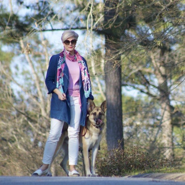 anthropologie waterfall jean jacket, talbots pink side tie sweater, everlane ecru denim, tory burch espadrilles, talbots pattern scarf