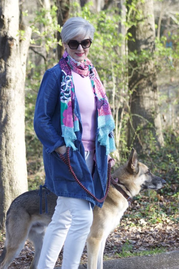 anthropologie waterfall jean jacket, talbots pink side tie sweater, everlane ecru denim, tory burch espadrilles, talbots pattern scarf