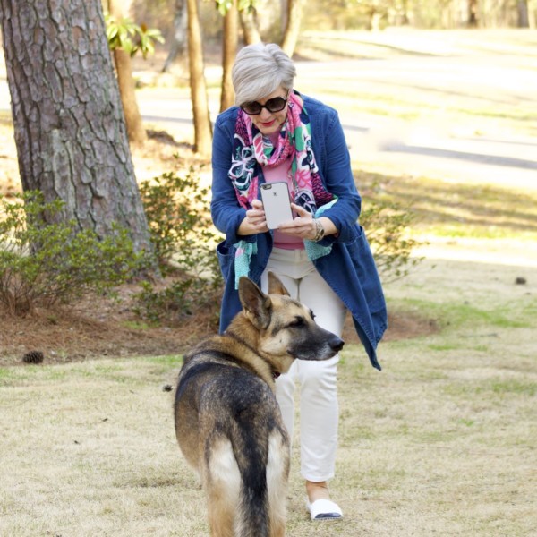 anthropologie waterfall jean jacket, talbots pink side tie sweater, everlane ecru denim, tory burch espadrilles, talbots pattern scarf