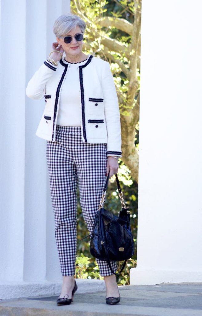 talbots gingham pants, zara rick rack sweater. talbots fringe blazer, gucci black pumps, michael kors hobo ban