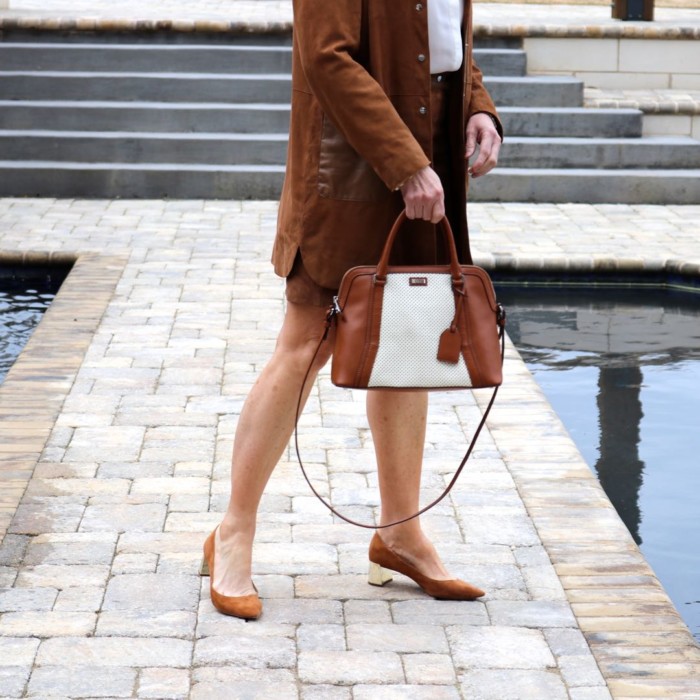 1.2.3. suede jacket and skirt, silk blouse, ann taylor suede pumps