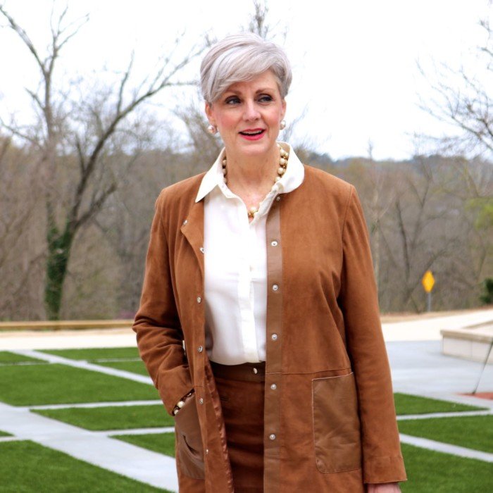 1.2.3. suede jacket and skirt, silk blouse, ann taylor suede pumps