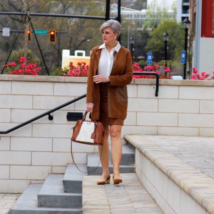 1.2.3. suede jacket and skirt, silk blouse, ann taylor suede pumps