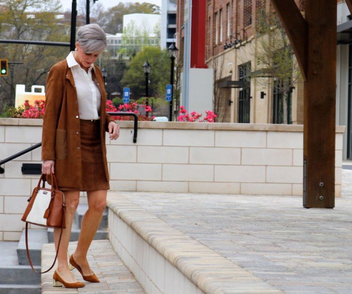 1.2.3. suede jacket and skirt, silk blouse, ann taylor suede pumps