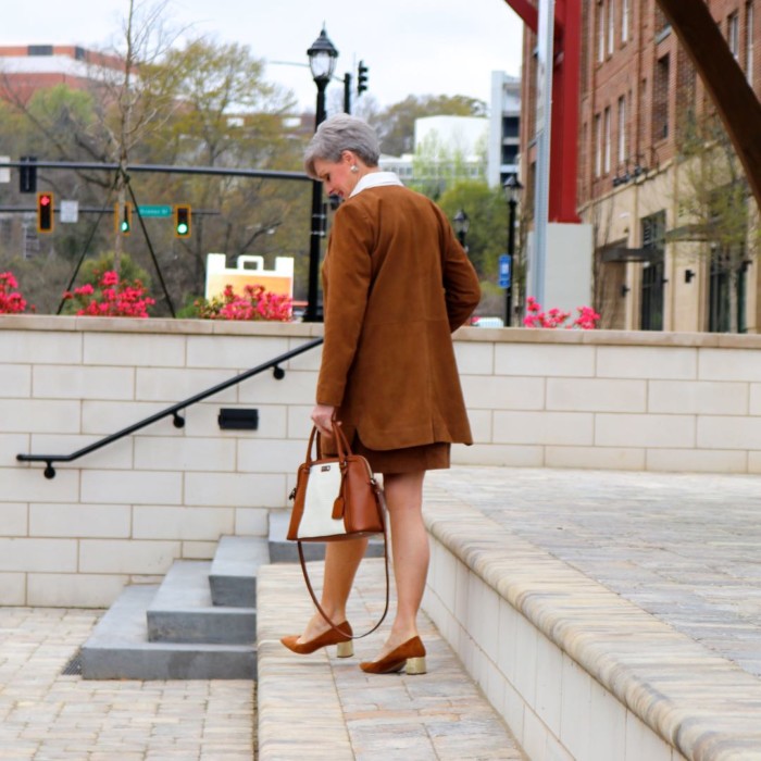 1.2.3. suede jacket and skirt, silk blouse, ann taylor suede pumps