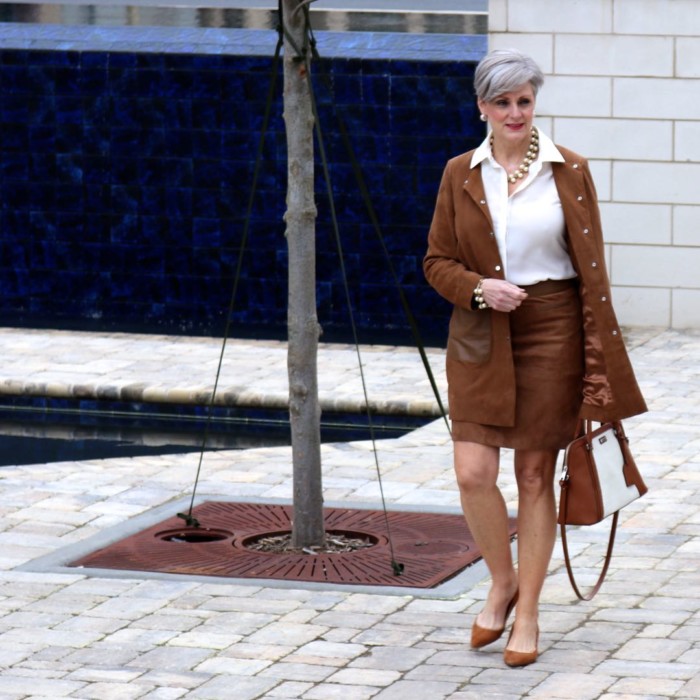 1.2.3. suede jacket and skirt, silk blouse, ann taylor suede pumps