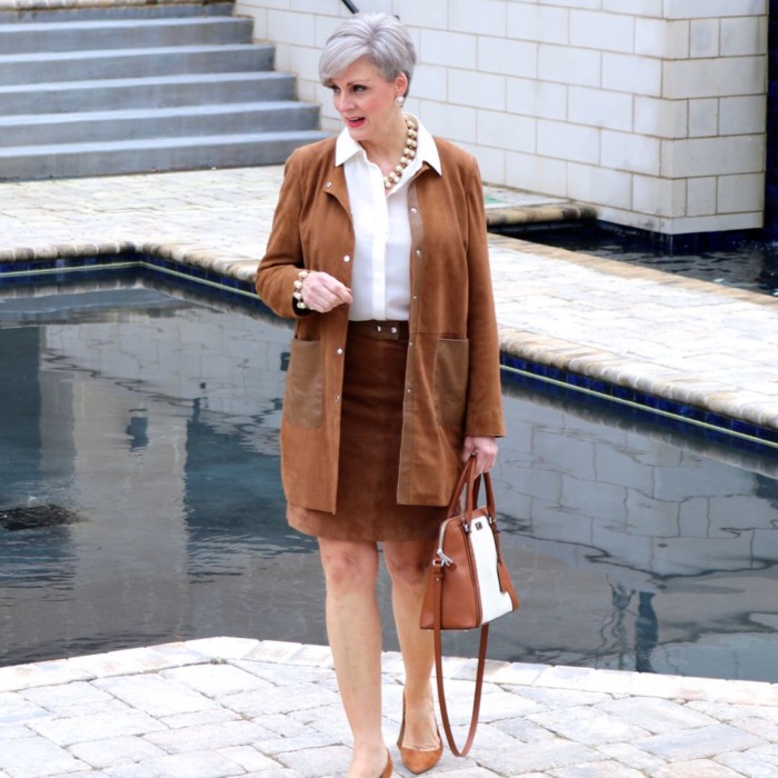 1.2.3. suede jacket and skirt, silk blouse, ann taylor suede pumps