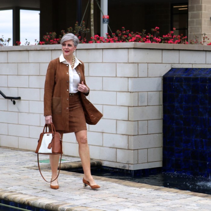 1.2.3. suede jacket and skirt, silk blouse, ann taylor suede pumps
